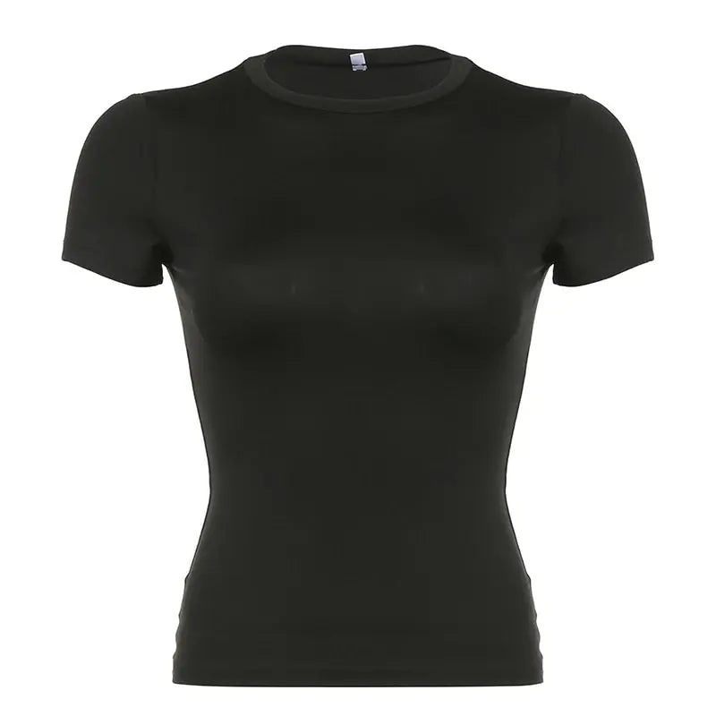 Camiseta básica de verano ajustada con cuello redondo y manga corta de color liso