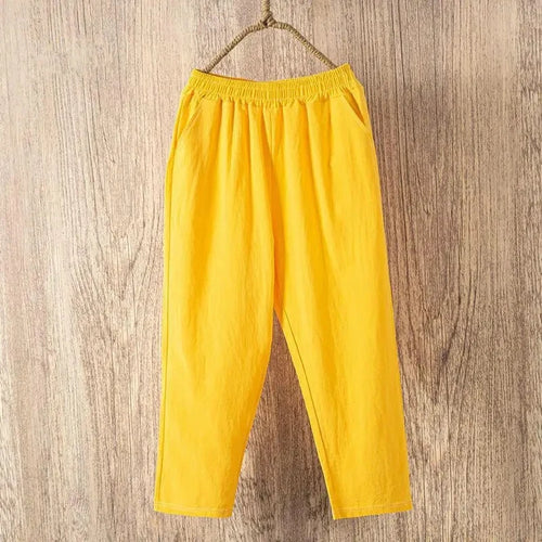 Pantalones de lino y algodón con cintura elástica holgados informales de verano para mujer Ninth 