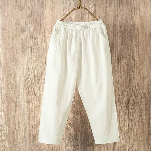 Pantalones de lino y algodón con cintura elástica holgados informales de verano para mujer Ninth 