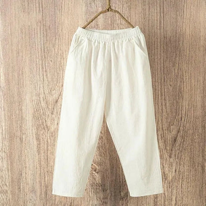 Pantalones de lino y algodón con cintura elástica holgados informales de verano para mujer Ninth 