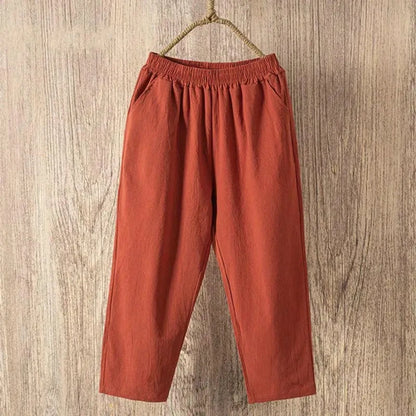 Pantalones de lino y algodón con cintura elástica holgados informales de verano para mujer Ninth 