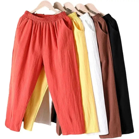 Pantalones de lino y algodón con cintura elástica holgados informales de verano para mujer Ninth 