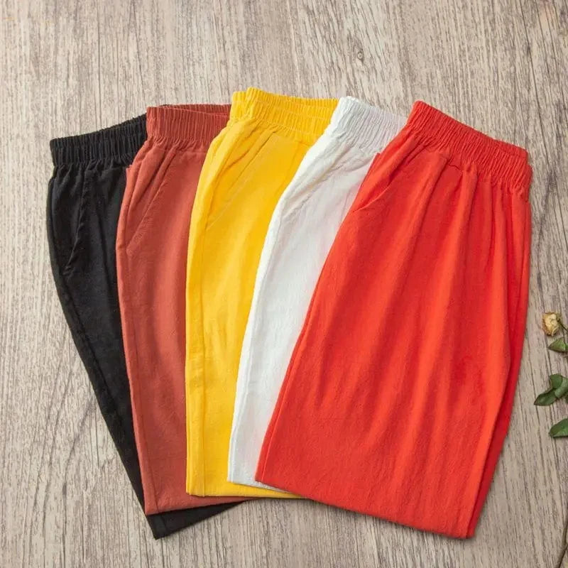 Pantalones de lino y algodón con cintura elástica holgados informales de verano para mujer Ninth 