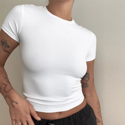 Ropa para mujer Camiseta de manga corta Camiseta ajustada Cuello redondo para mujer 