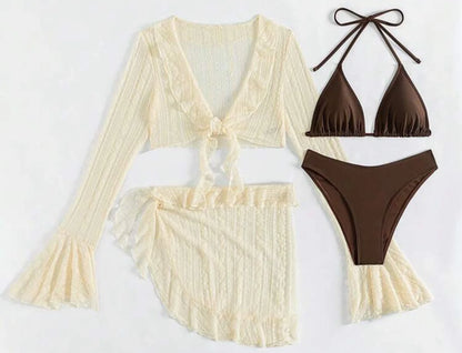 Traje de baño sexy de cuatro piezas de manga larga para verano 2025 