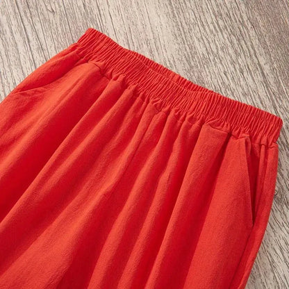 Pantalones de lino y algodón con cintura elástica holgados informales de verano para mujer Ninth 