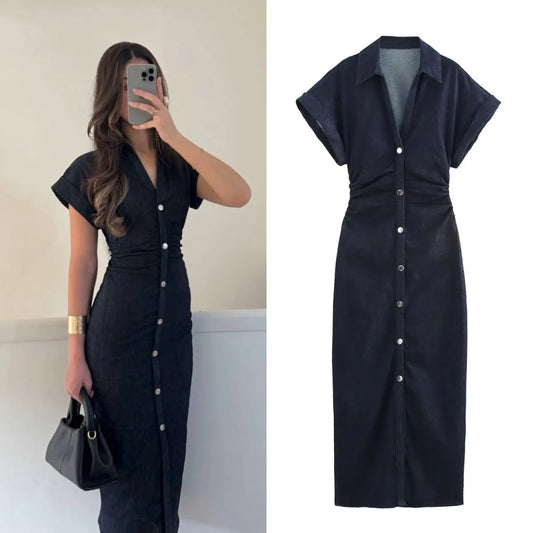 Vestido MIDI vaquero con costura lateral de la serie ETJ 2025 traf Primavera Nueva 1975 