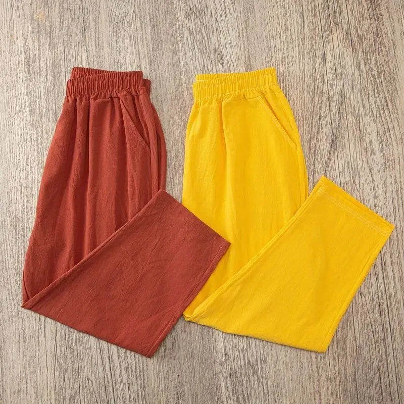 Pantalones de lino y algodón con cintura elástica holgados informales de verano para mujer Ninth 