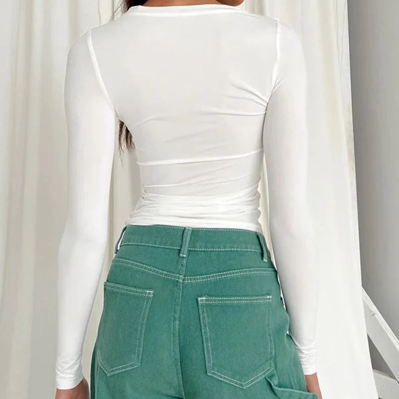 Ropa de mujer Camiseta de manga larga Tops ajustados Camiseta de punto de cuello redondo para mujer 