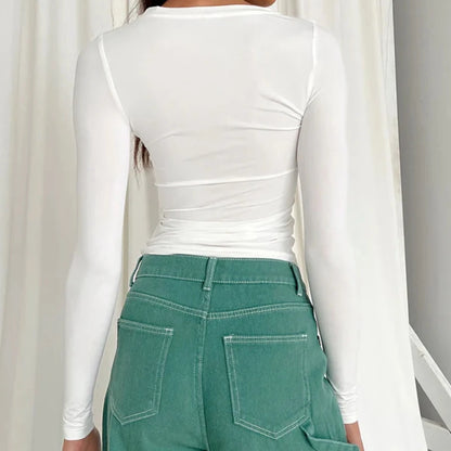 Ropa de mujer Camiseta de manga larga Tops ajustados Camiseta de punto de cuello redondo para mujer 