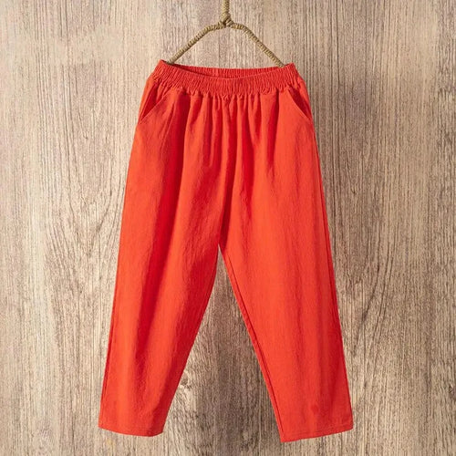 Pantalones de lino y algodón con cintura elástica holgados informales de verano para mujer Ninth 