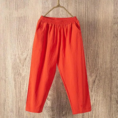 Pantalones de lino y algodón con cintura elástica holgados informales de verano para mujer Ninth 