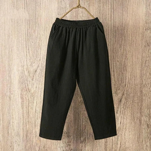 Pantalones de lino y algodón con cintura elástica holgados informales de verano para mujer Ninth 