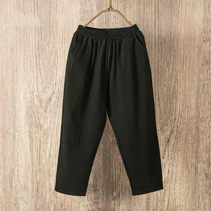 Pantalones de lino y algodón con cintura elástica holgados informales de verano para mujer Ninth 