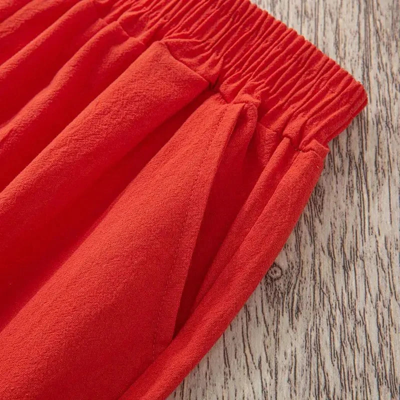 Pantalones de lino y algodón con cintura elástica holgados informales de verano para mujer Ninth 